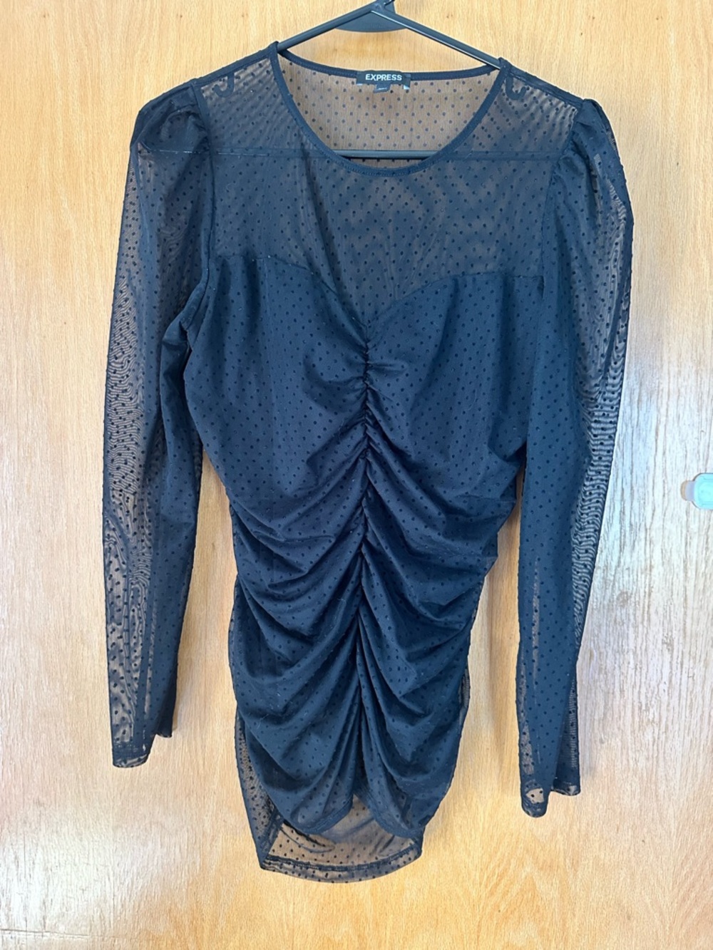 Express Black Mesh Lace Polka Dot Ruched Long Sleeve Puff Sleeve Top Womens M